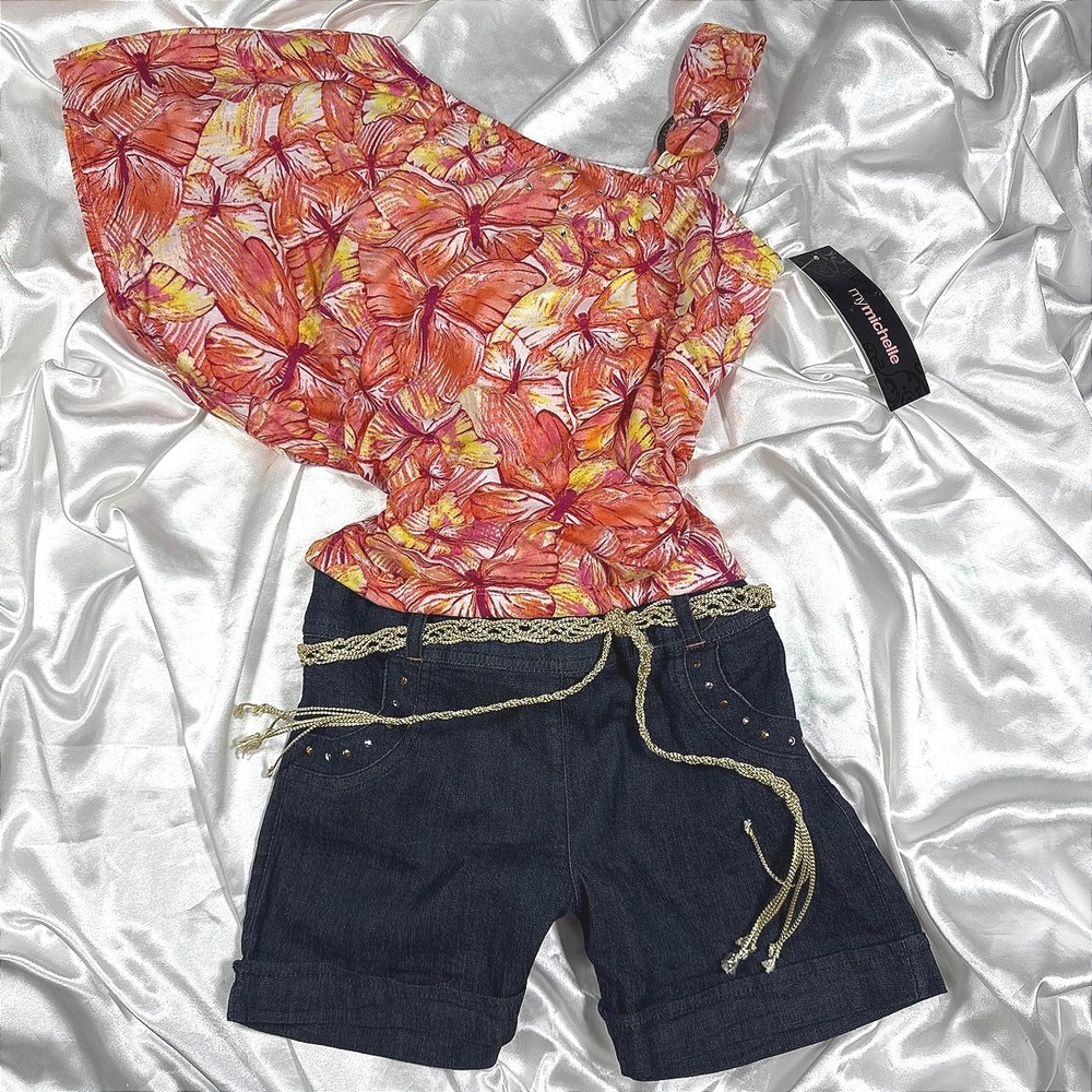 My Michelle Girls 2 Piece Butterfly One Shoulder Top and Denim Shorts Set Size